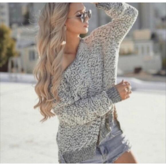 Young Fabulous & Broke Grey Popcorn Knit Hoodie Pullover Sweater Oversized M/L - Picture 1 of 6